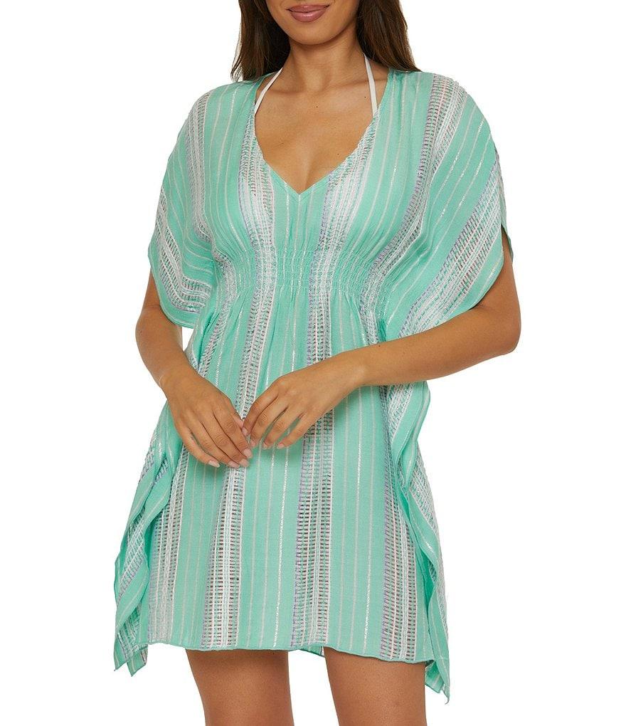 Becca By Rebecca Virtue Radiance Woven Metallic Stripe V-Neck Tunic Swim Cover-Up Product Image
