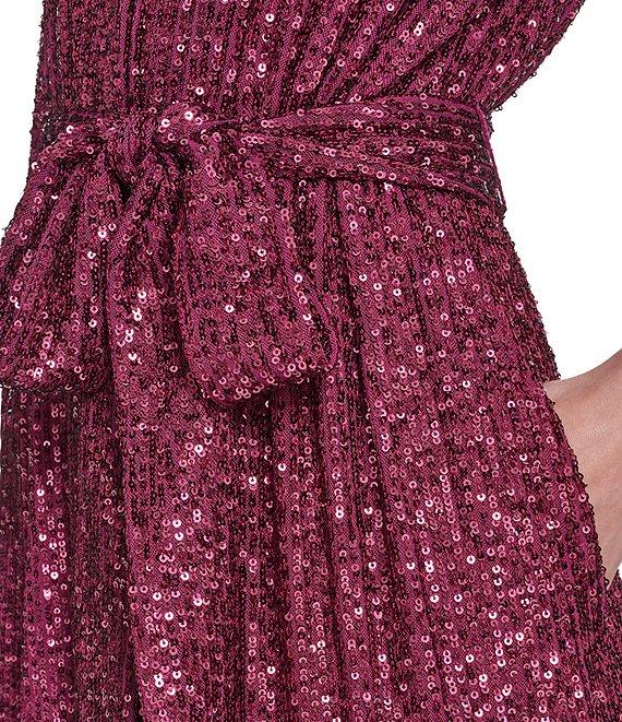 Eliza J Sequin Long Sleeves Belted Short Dress Product Image