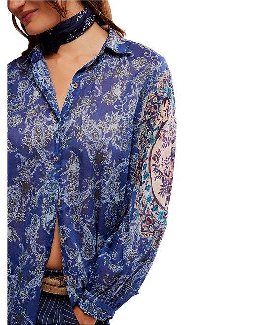 Free People Rose Bud Paisley Print Point Collar Neck Long Sleeve Button Front Blouse Product Image