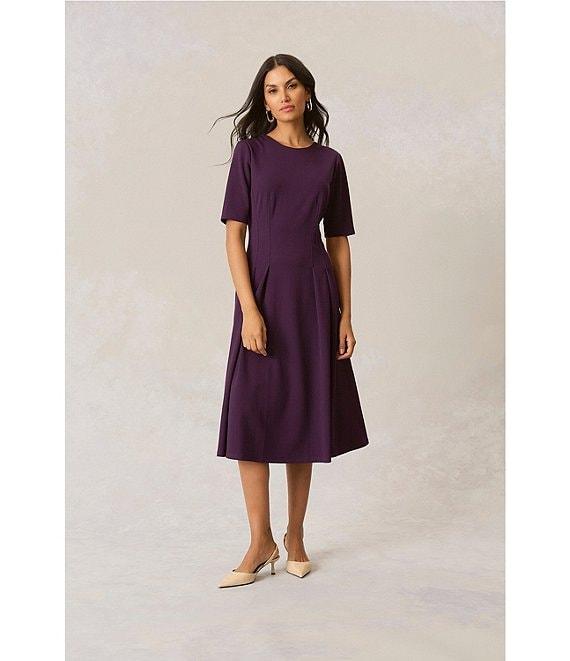 Maggy London Short Sleeve Crew Neck Double Pleat Stretch Crepe Midi A-Line Midi Dress Product Image