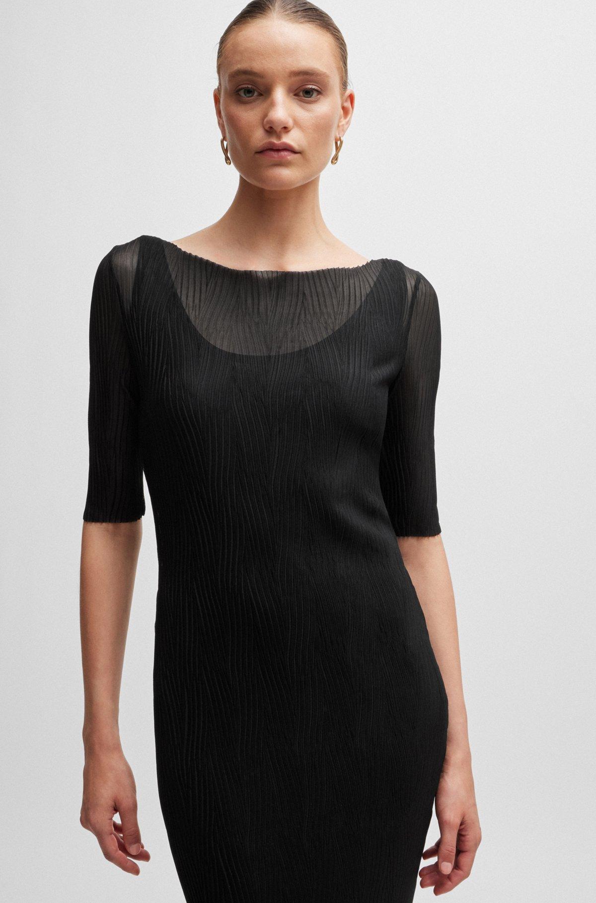 BOSS - Cropped-sleeve dress in plissé tulle - Black Product Image