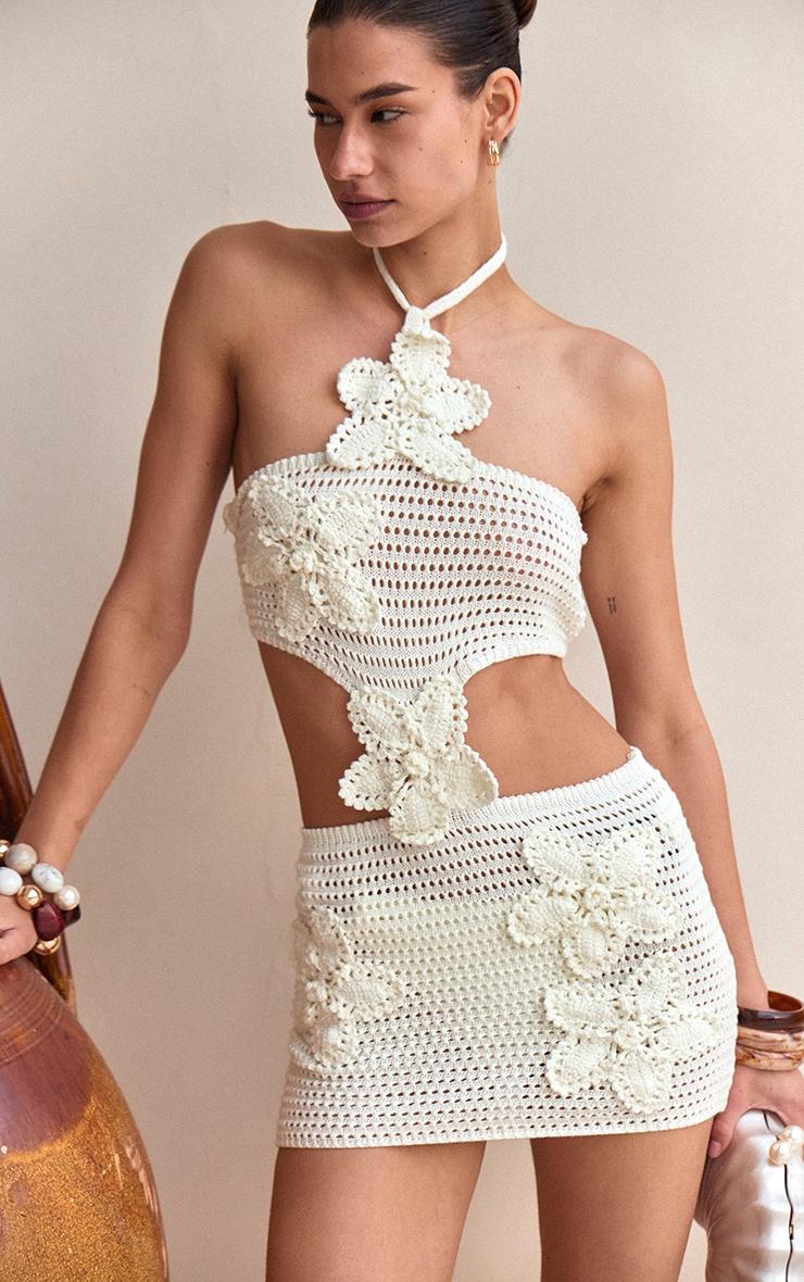 White Crochet Applique Flower Cut Out Mini Dress Product Image