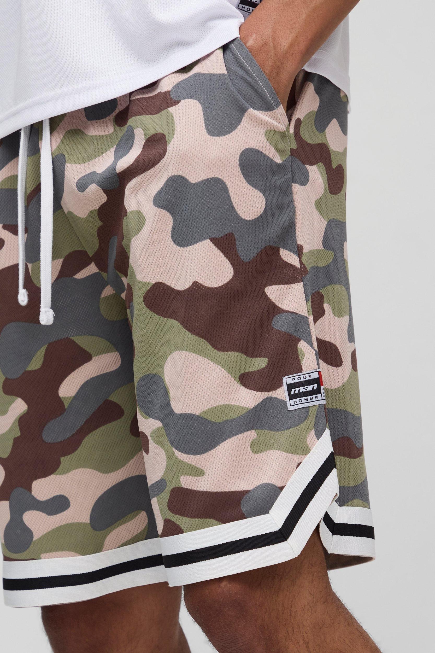 MAN Tab Camo Basketball Mesh shorts | boohooMAN USA Product Image