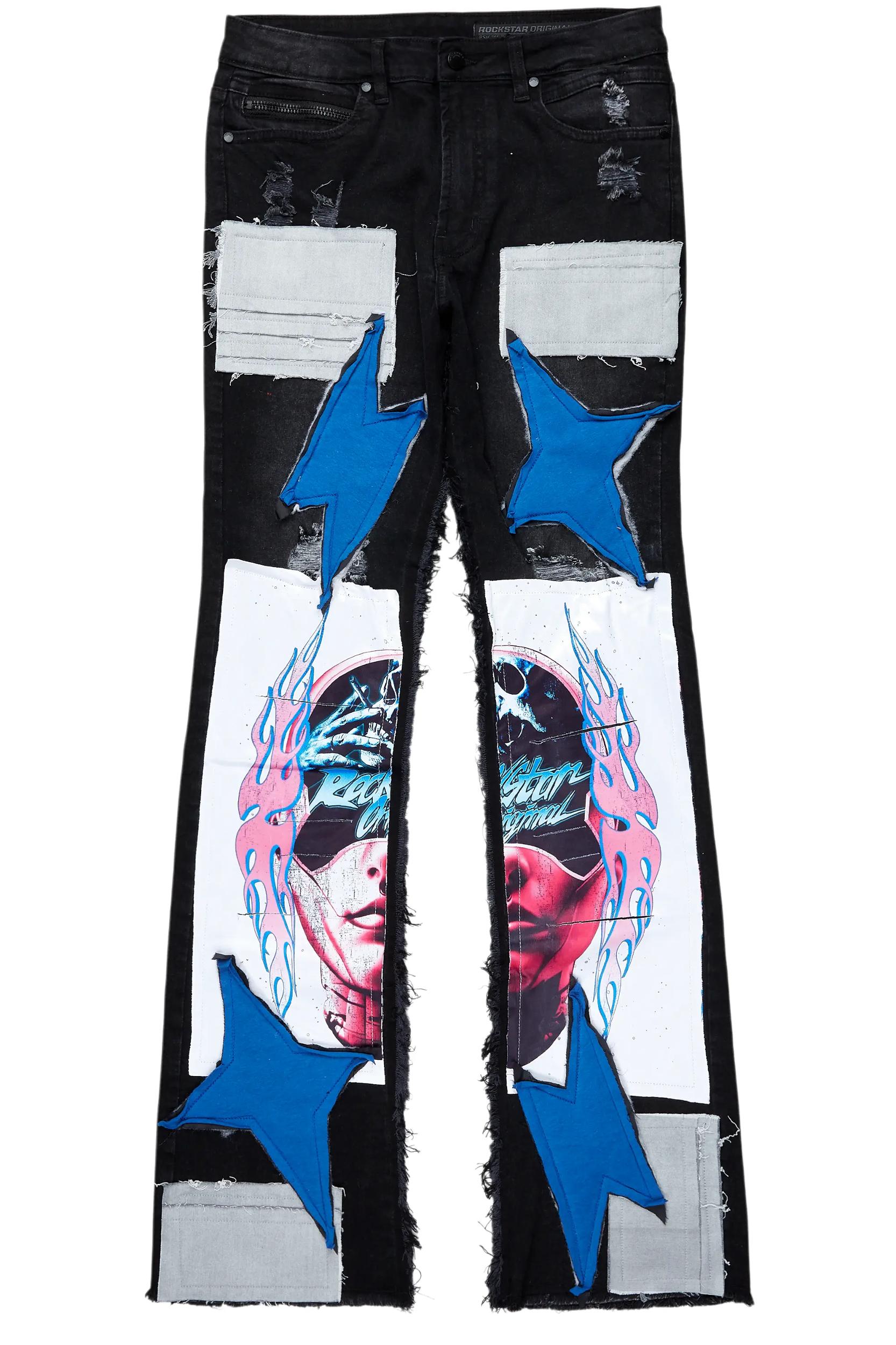 Helios Dark Grey Patchwork Stacked Flare Jean Male Product Image