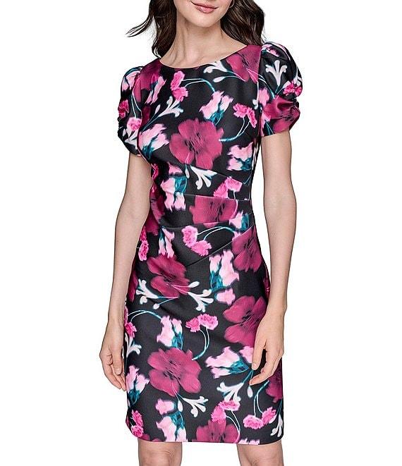 KARL LAGERFELD PARIS Floral Scuba Crew Neck Side Ruched Sheath Dress Product Image