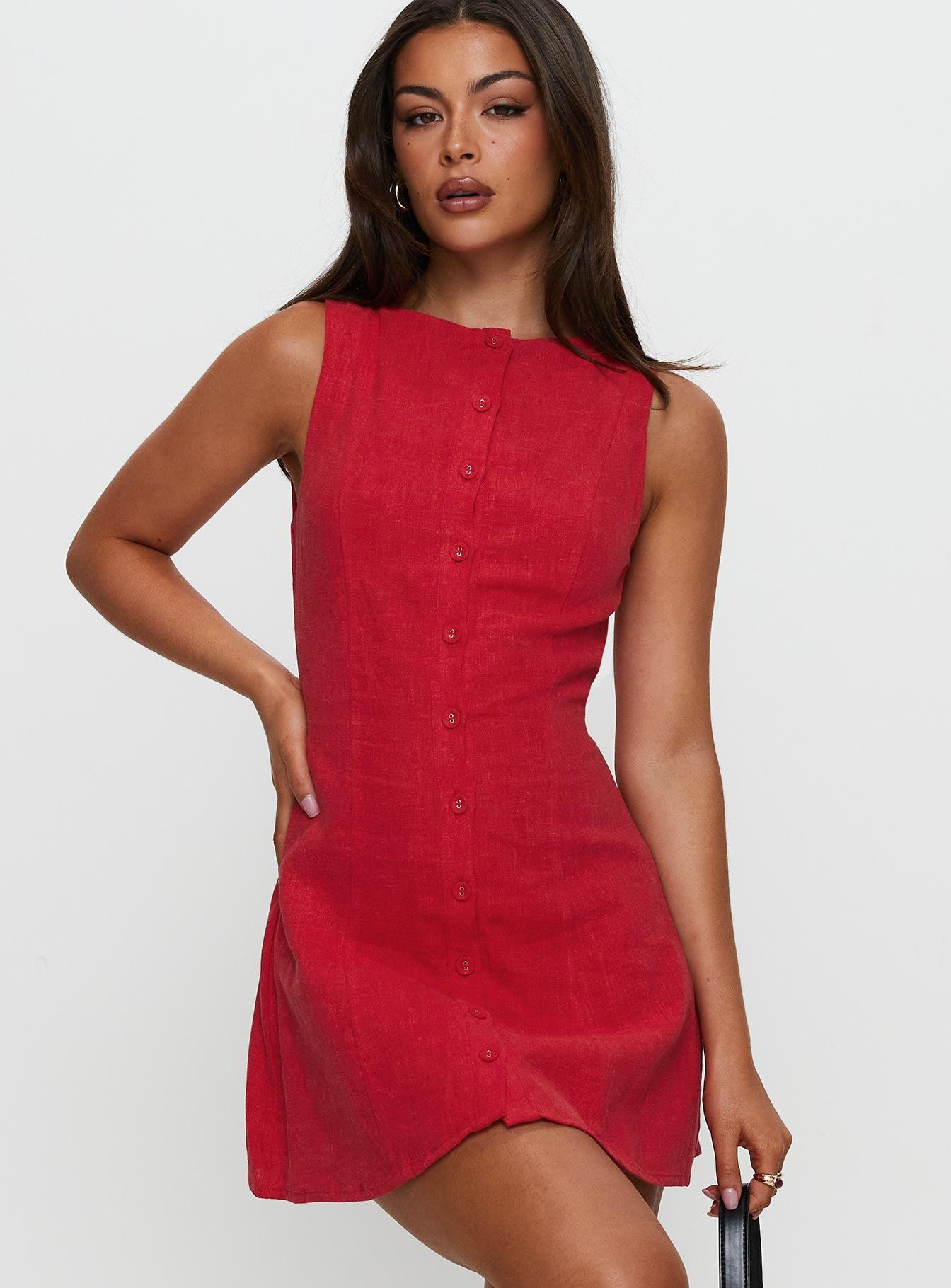 Dollie Linen Mini Dress Red Product Image