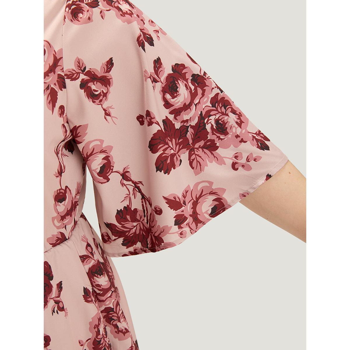Plus Size Floral Print Pocket Flounce Sleeve Ruffle Dress DustyPink Women Elegant Printed V-neck Half Sleeve Curvy Midi Dress BloomChic 30/6X Product Image