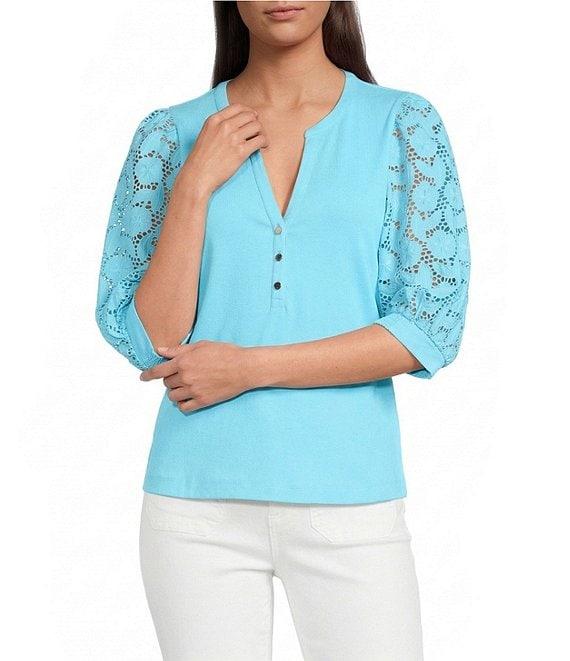 Lilly Pulitzer Ronson Eyelet Knit Notch Neck Elbow Sleeve Top Product Image