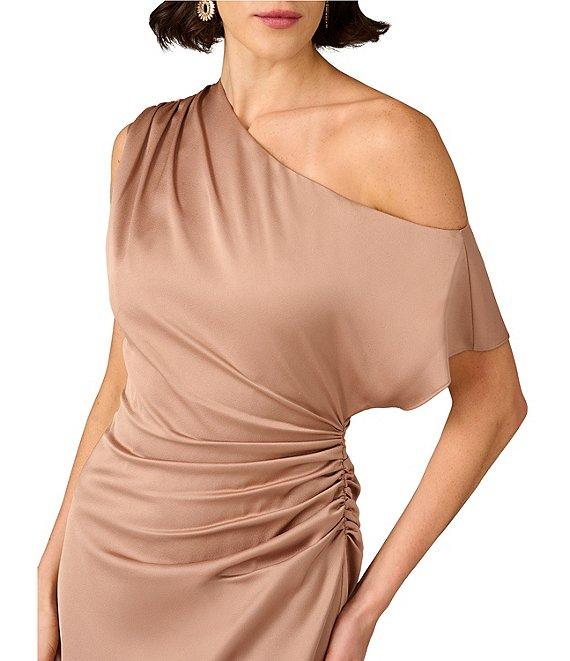 Aidan Mattox Crepe Back Satin One-Shoulder Neck Short Sleeve Pleated Asymmetrical Midi Dress Product Image