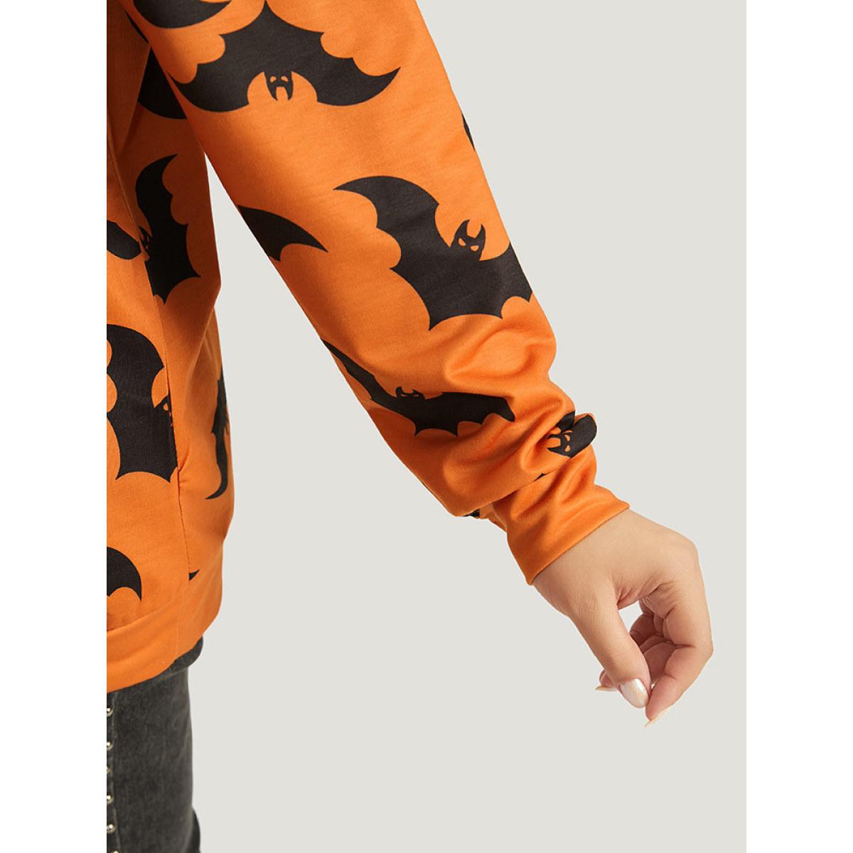 Plus Size Halloween Bat Print V Neck Sweatshirt Women OrangeRed Casual Elastic cuffs V-neck Festival-Halloween Sweatshirts BloomChic 10/M Product Image