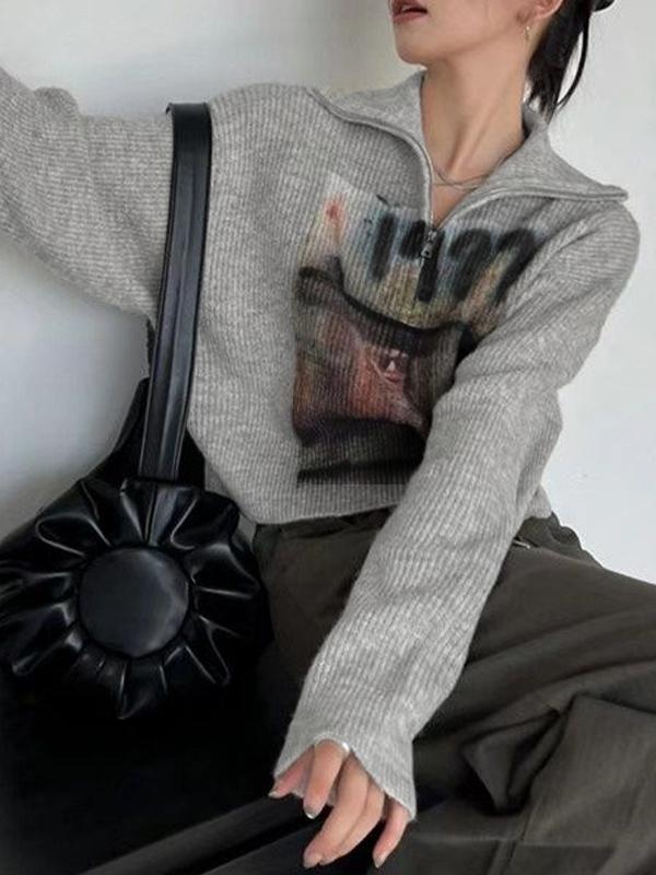 Vintage Print High Neck Zip Up Sweater Product Image