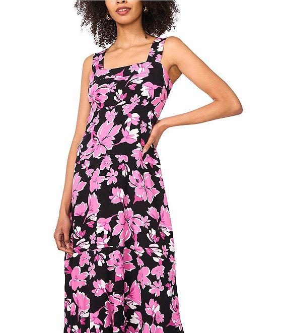 Vince Camuto Woven Floral Print Square Neck Sleeveless Tiered Maxi Shift Dress Product Image