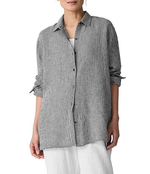 Eileen Fisher Yar-Dyed Stripe Puckered Organic Linen Point Collar Long Sleeve Shirt Product Image