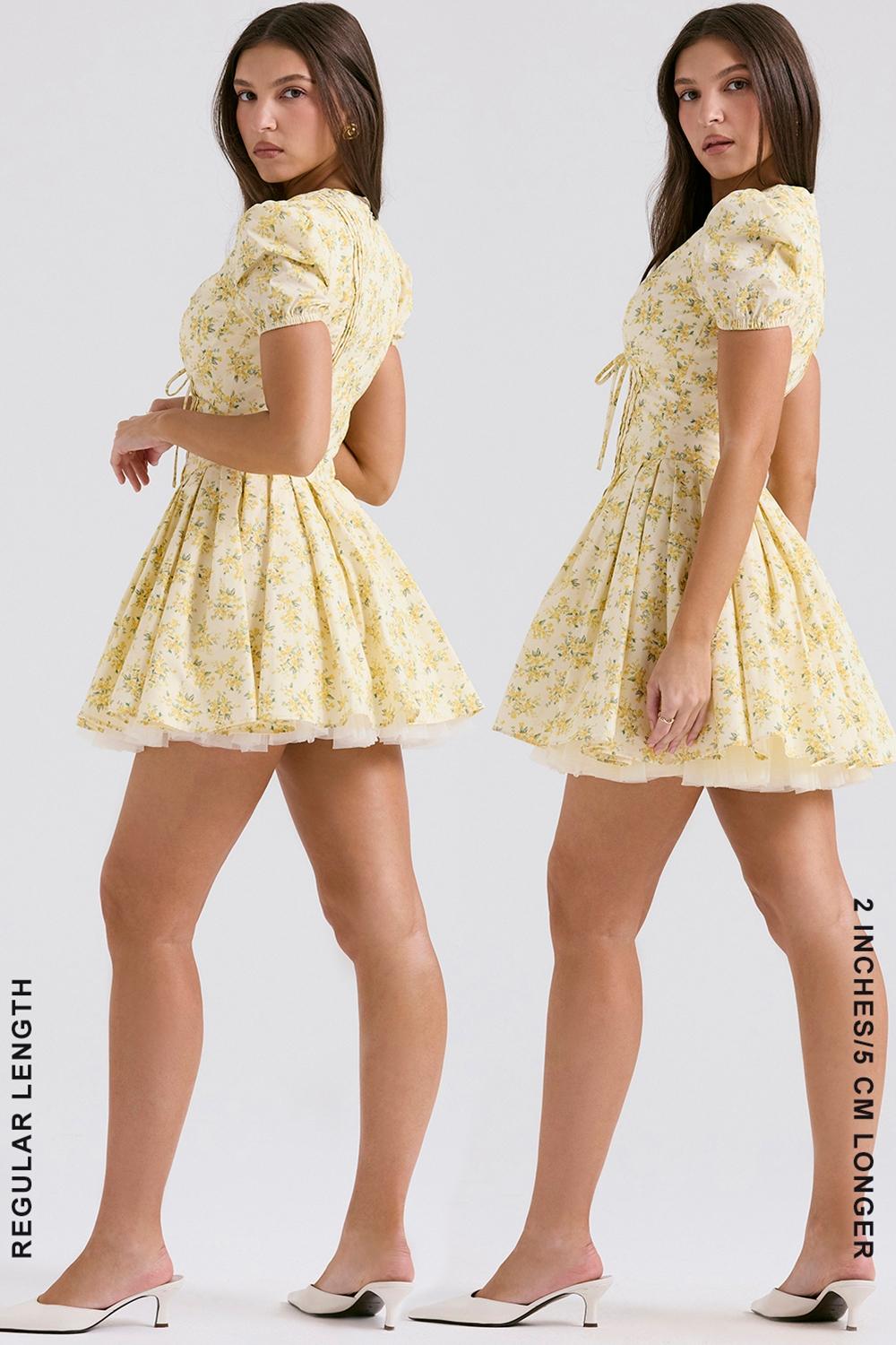 Imani  buttercup vintage floral print pleated cotton mini dress Product Image