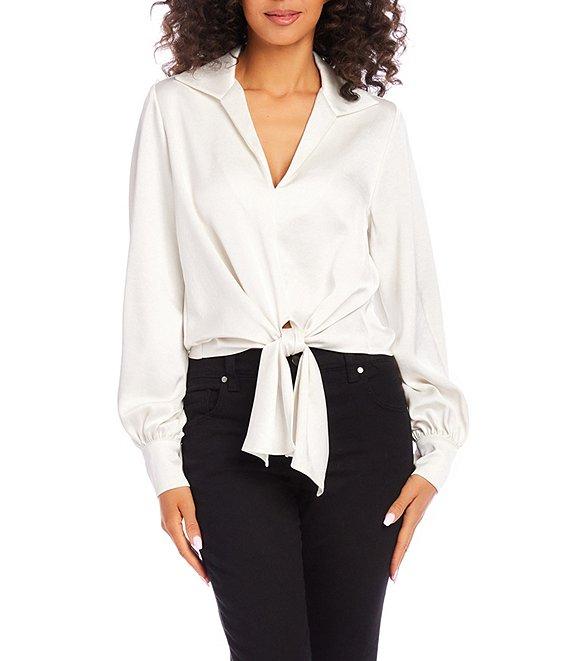 Karen Kane Satin Collared Long Sleeve Tie Front Top Product Image