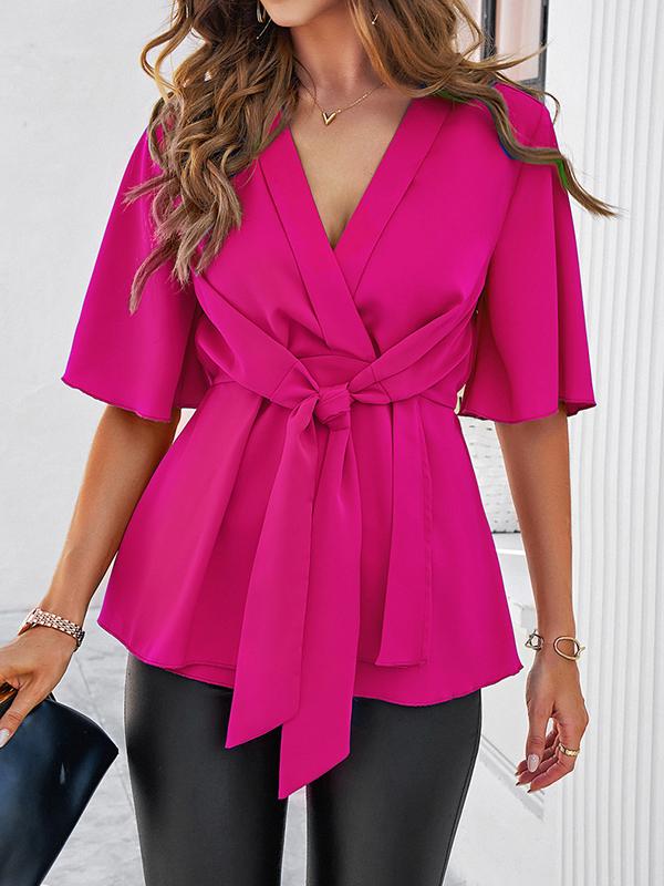 Flared Sleeves Half Sleeves Solid Color Tied V-Neck Blouses&Shirts Tops Product Image