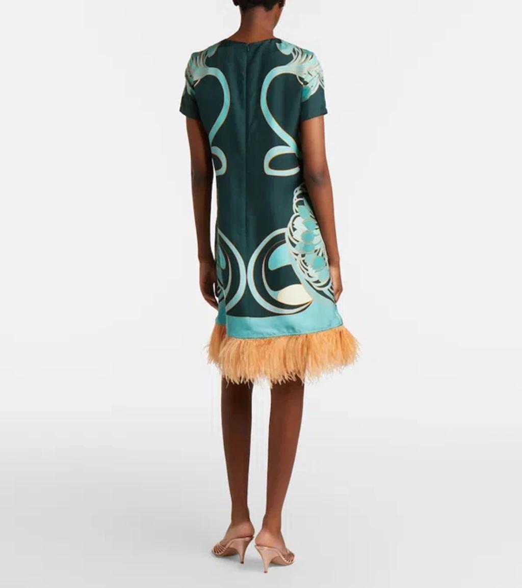 LA DOUBLEJ Swing Printed Feather-trimmed Silk-twill Mini Dress In Blue Product Image