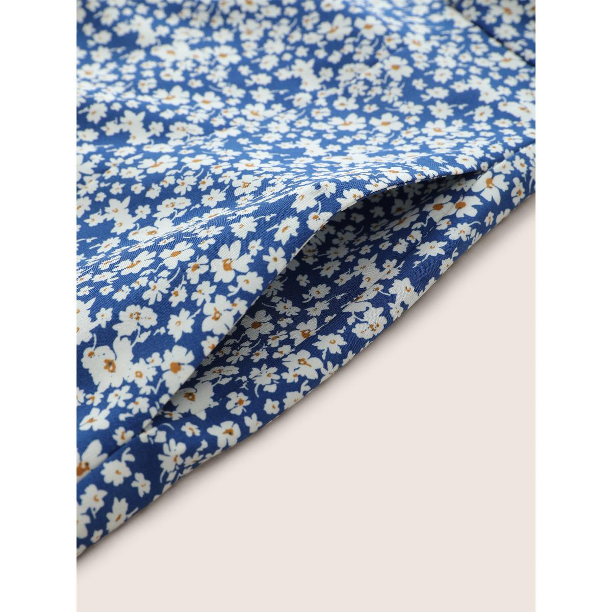 Plus Size Ditsy Floral One Shoulder Neck Cross Straps Dress Blue Women Elegant Non One-shoulder neck Short sleeve Curvy Midi Dress BloomChic 22-24/3X Product Image