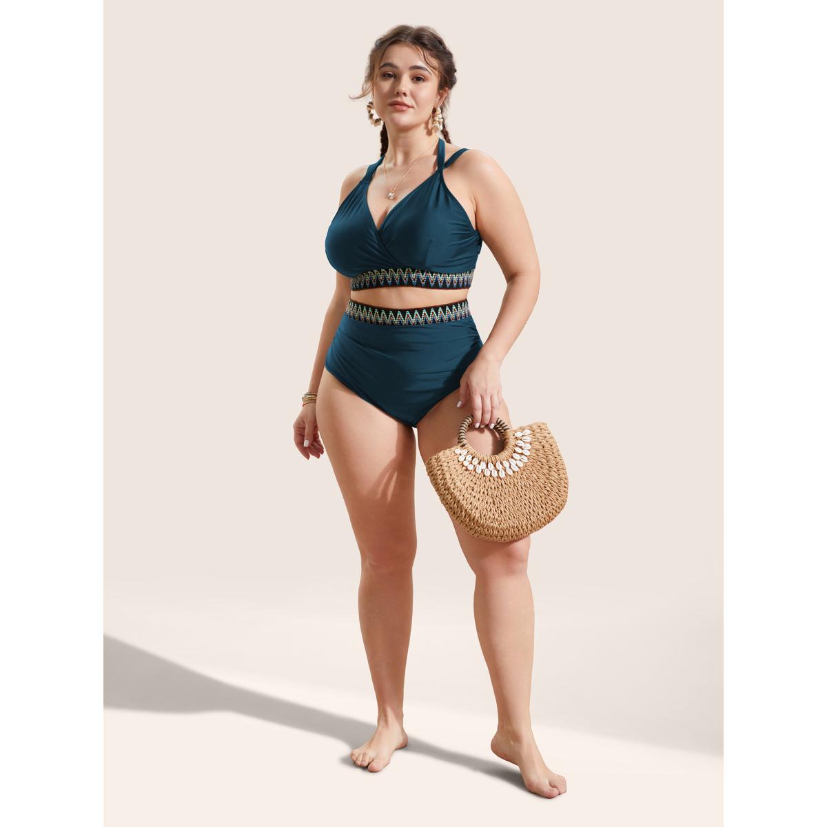 Plus Size Embroidered Elastic Waist High Rise Swim Bottom Women's Swimwear Cyan Beach Woven ribbon&lace trim High stretch Skinny High Rise Curve Swim Bottoms BloomChic 12/L Product Image