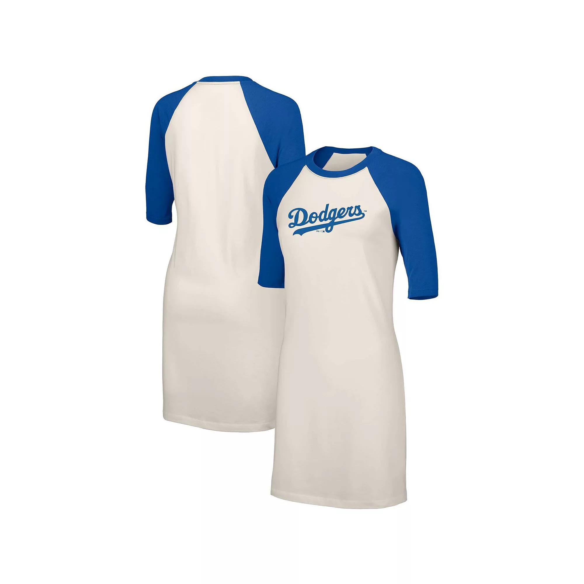 Women's Lusso  White Los Angeles Dodgers Nettie Raglan Half-Sleeve Tri-Blend T-Shirt Dress, Size: Medium Product Image