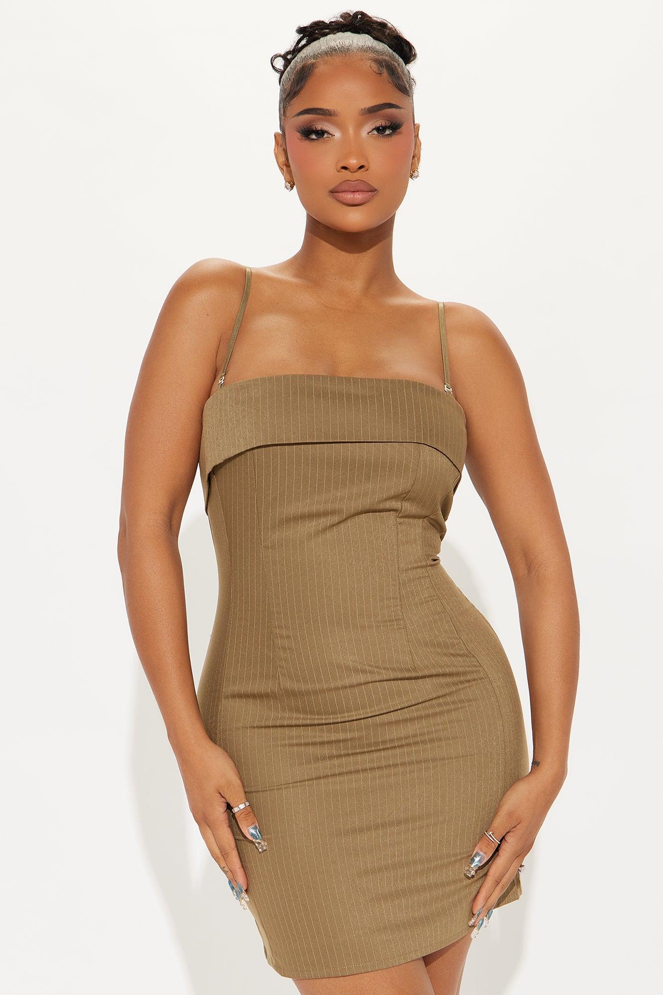 First Class Pinstripe Blazer and Mini Dress Set - Taupe Product Image