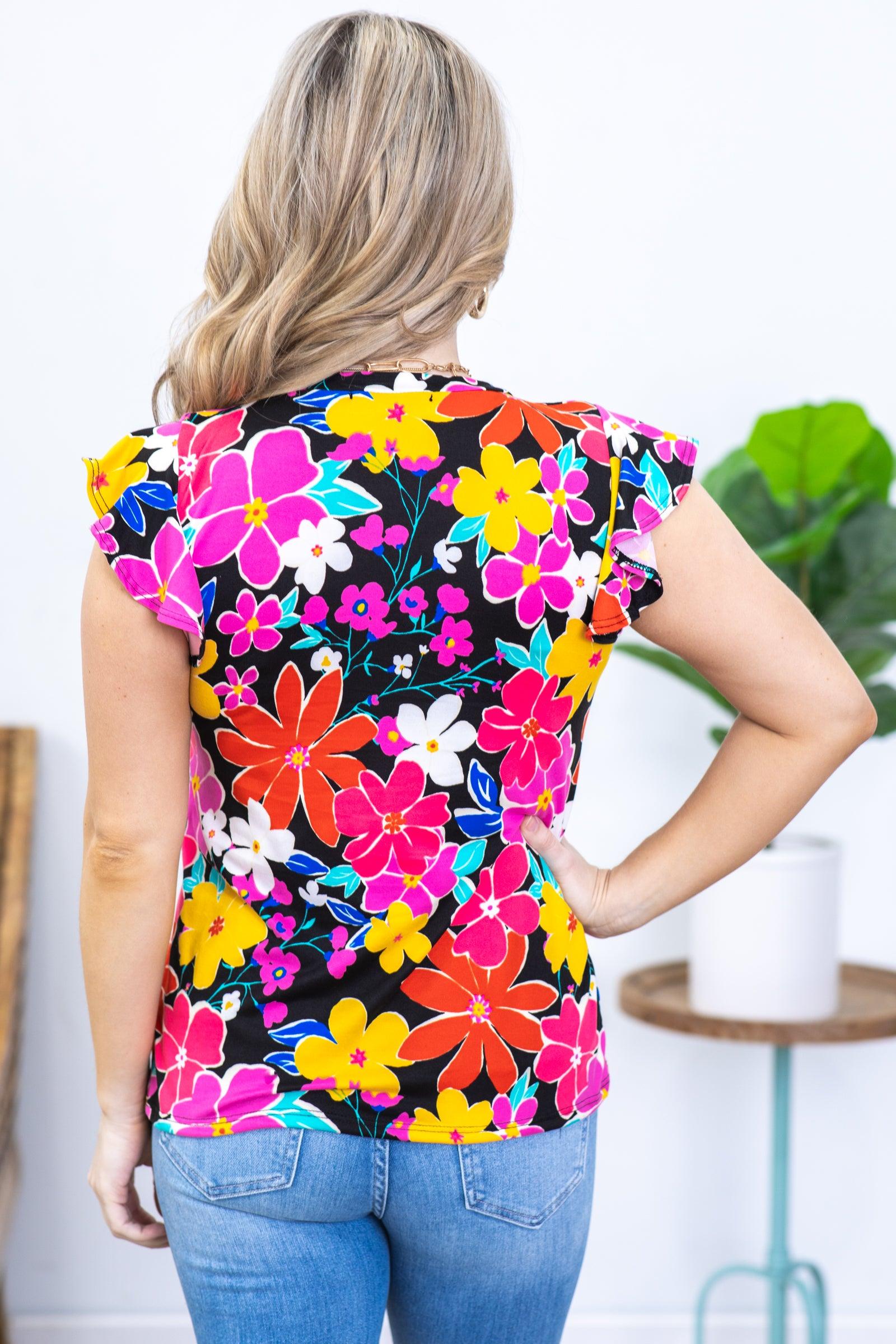 Black Floral Ruffle Sleeve Knit Top Product Image