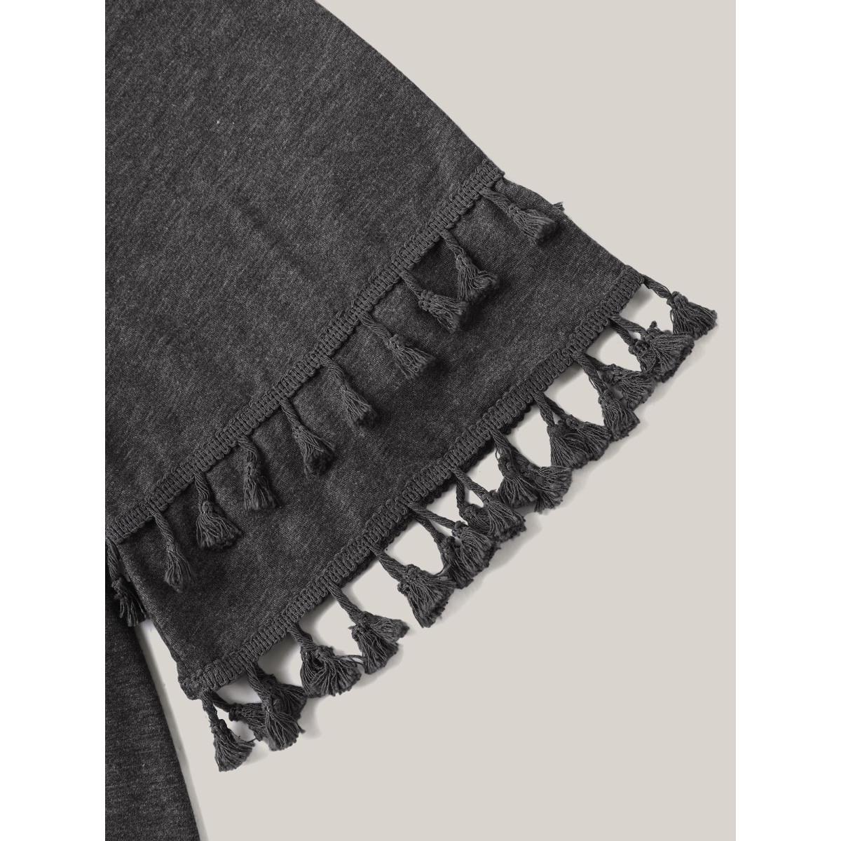Plus Size Tassel Sleeve V-Neck Plain T-Shirt DimGray Women Casual Tassels V-neck Everyday T-shirts BloomChic 12/L Product Image