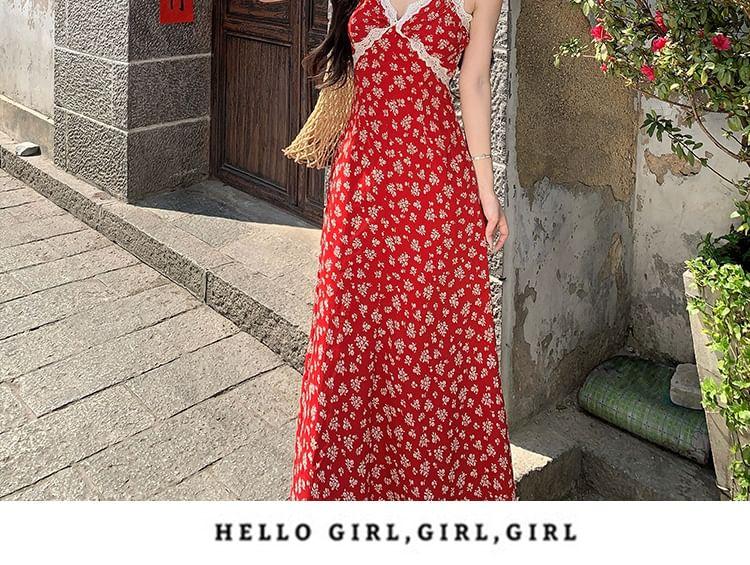 Spaghetti Strap Floral Lace Trim Midi A-Line Sundress Product Image