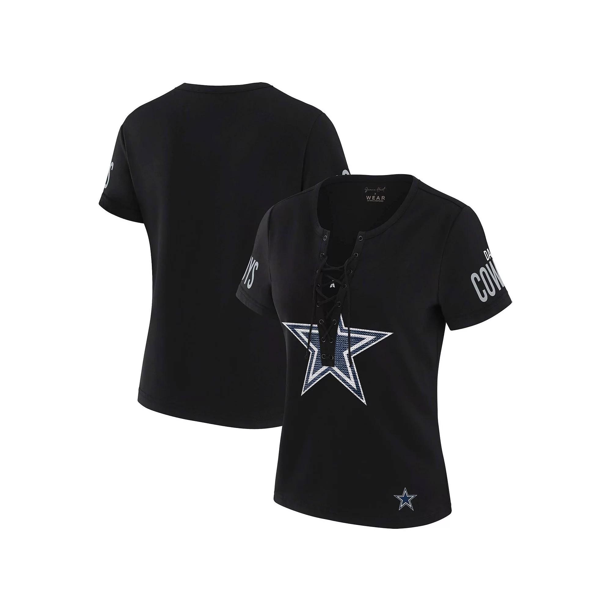 Women's WEAR by Erin Andrews x Gracie Hunt Black Dallas Cowboys Draft Me Lace-Up T-Shirt,  Product Image
