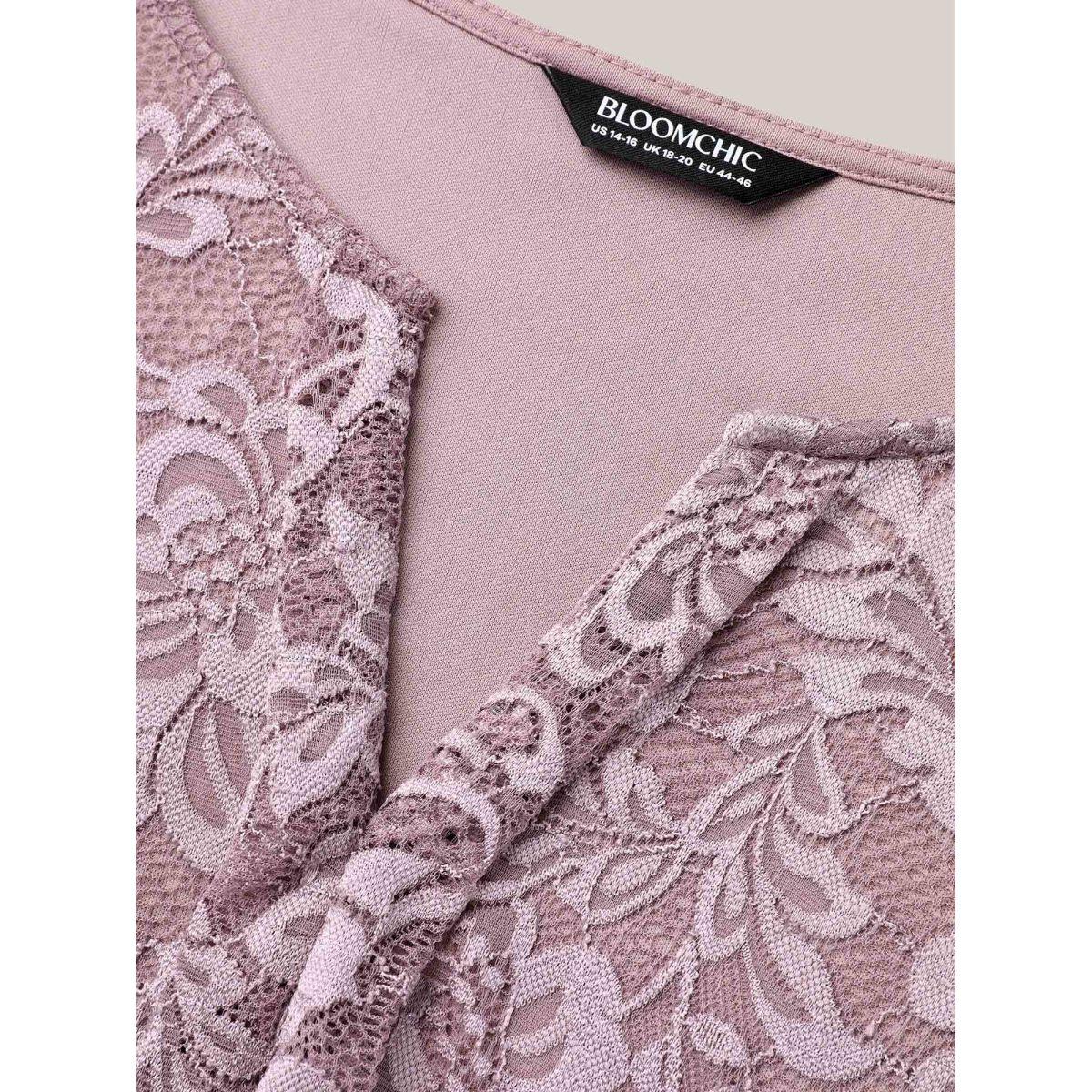 Plus Size Heather Lace Ruffled Puff Sleeve Shirt Women Elegant Short sleeve Notched collar Everyday Blouses BloomChic 10/M Product Image