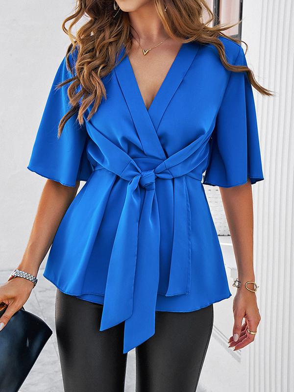 Flared Sleeves Half Sleeves Solid Color Tied V-Neck Blouses&Shirts Tops Product Image