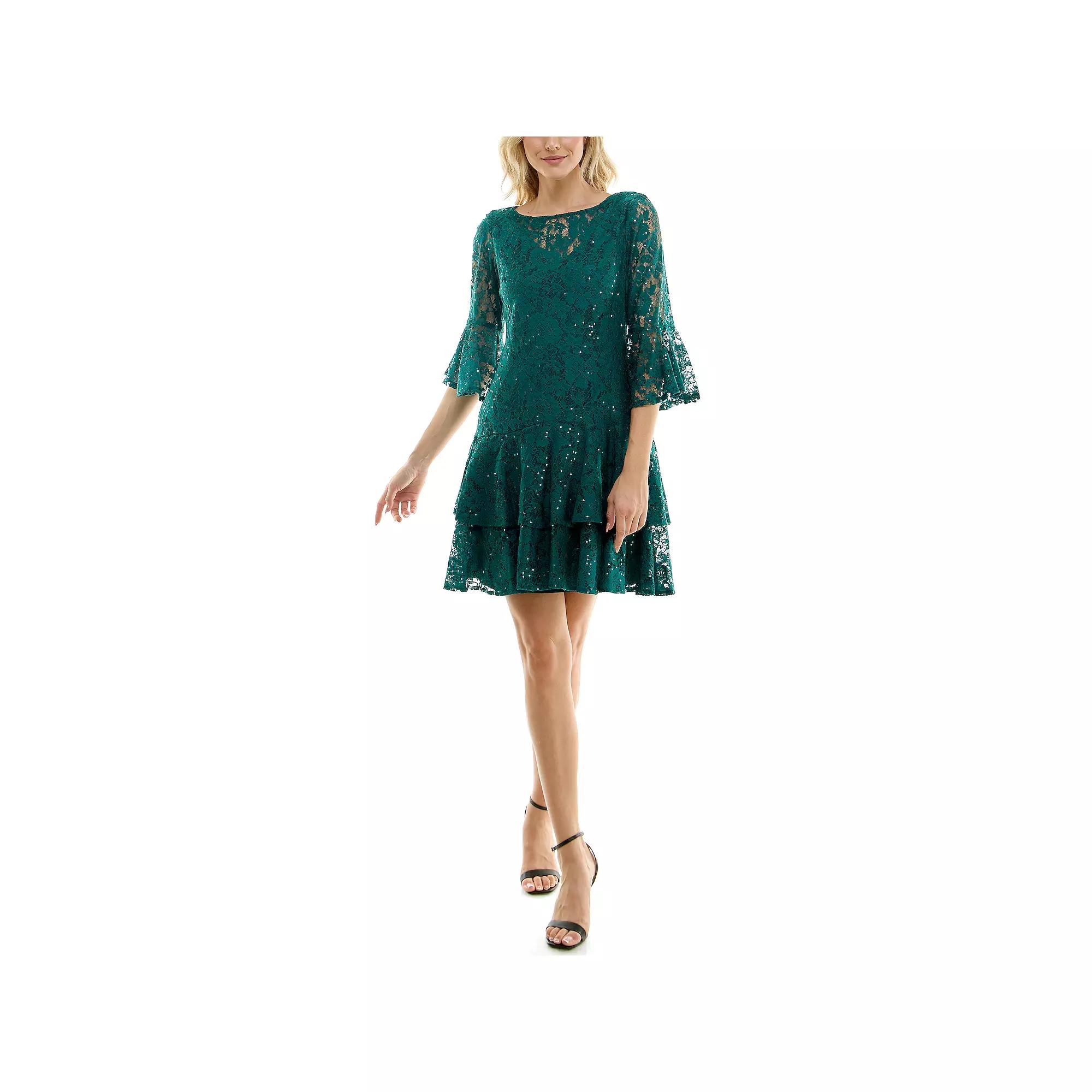 Women's Gabby Skye All Over Lace Bell Sleeve Mini Dress,  Product Image