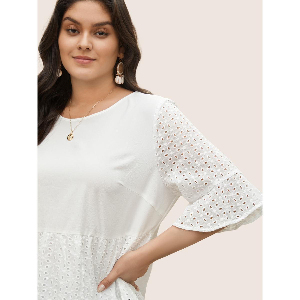Plus Size White Broderie Anglaise Patchwork Flutter Sleeve Blouse Women Resort Half Sleeve Round Neck Vacation Blouses BloomChic 14-16/1X Product Image