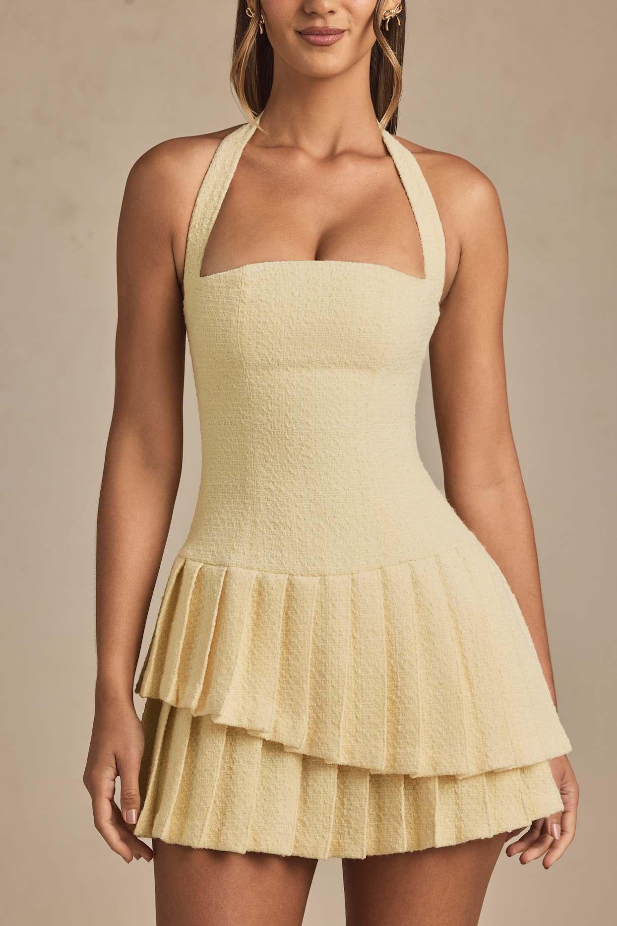 Asymmetric Layered Halterneck Mini Dress in Pastel Yellow Product Image