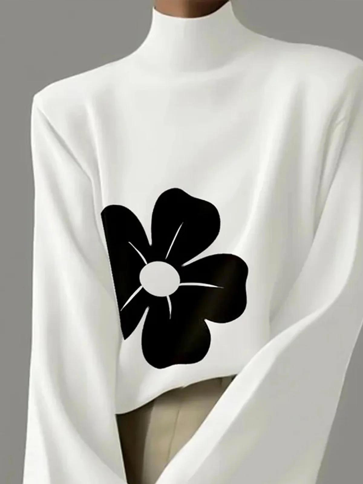 Flared Sleeves Long Sleeves Flower Print High Neck T-Shirts Tops Product Image