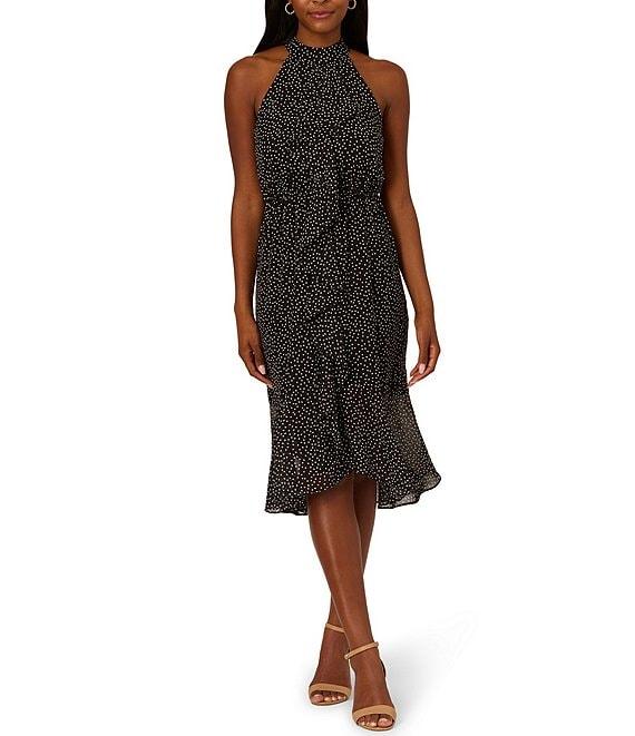 Adrianna Papell Shirred Dotted Chiffon Halter Neck Sleeveless Ruffle A-Lined Midi Dress Product Image