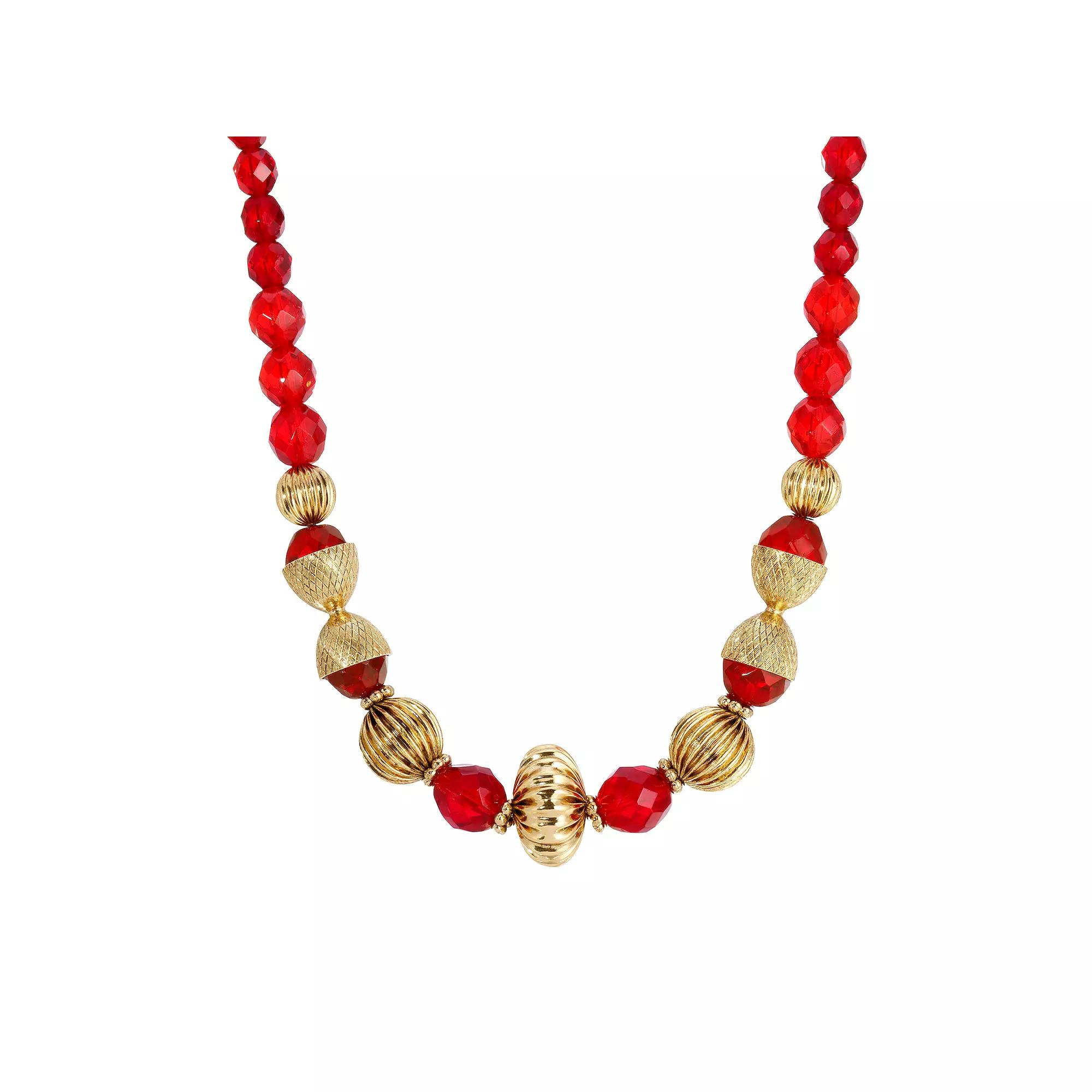 1928 14k Gold Dipped Red Glass & Gold Bead Adjustable Necklace, Womens Product Image