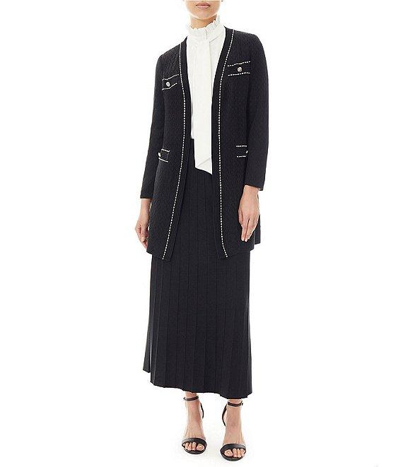 Ming Wang Pointelle Knit Contrast Trim V-Neck Long Sleeve Button Trim Detail Side Slit Jacket Product Image