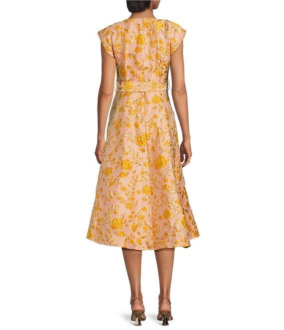 Abbey Glass Olivia Floral Jacquard Crew Neck Short Sleeve Self-Tie Belt Midi Dress Product Image