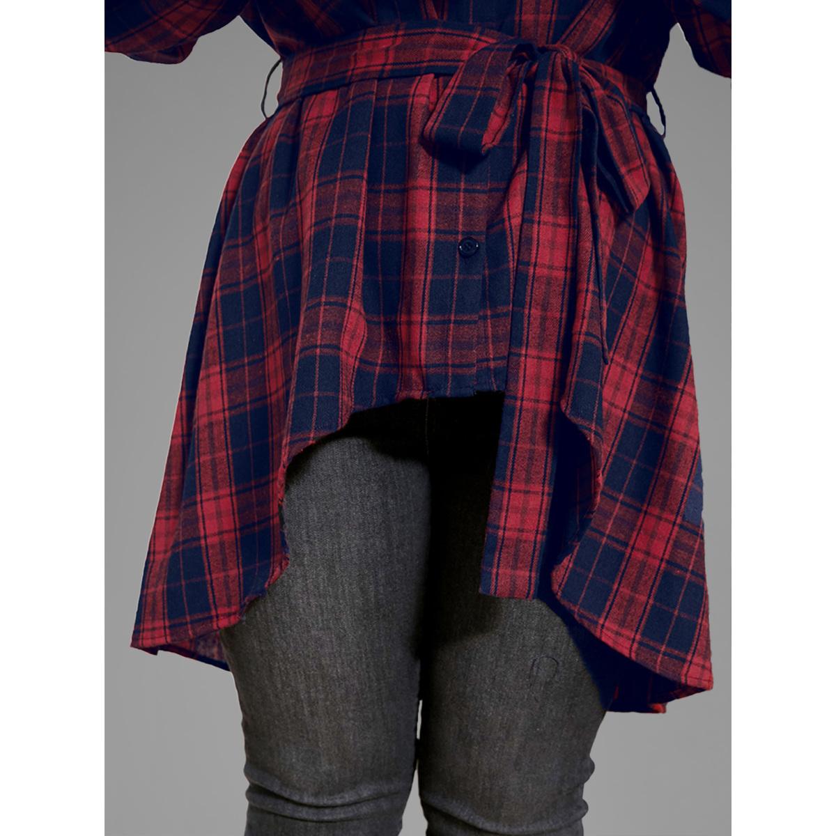Plus Size Red Plaid Button Up Asymmetrical Hem Belted Blouse Women Elegant Long Sleeve V-neck Dailywear Blouses BloomChic 18-20/2X Product Image