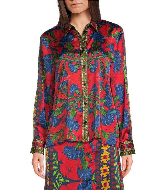 Chelsea & Violet Cora Satin Ikat Print Pointed Collar Button Front Shirttail Long Sleeve Coordinating Blouse Product Image