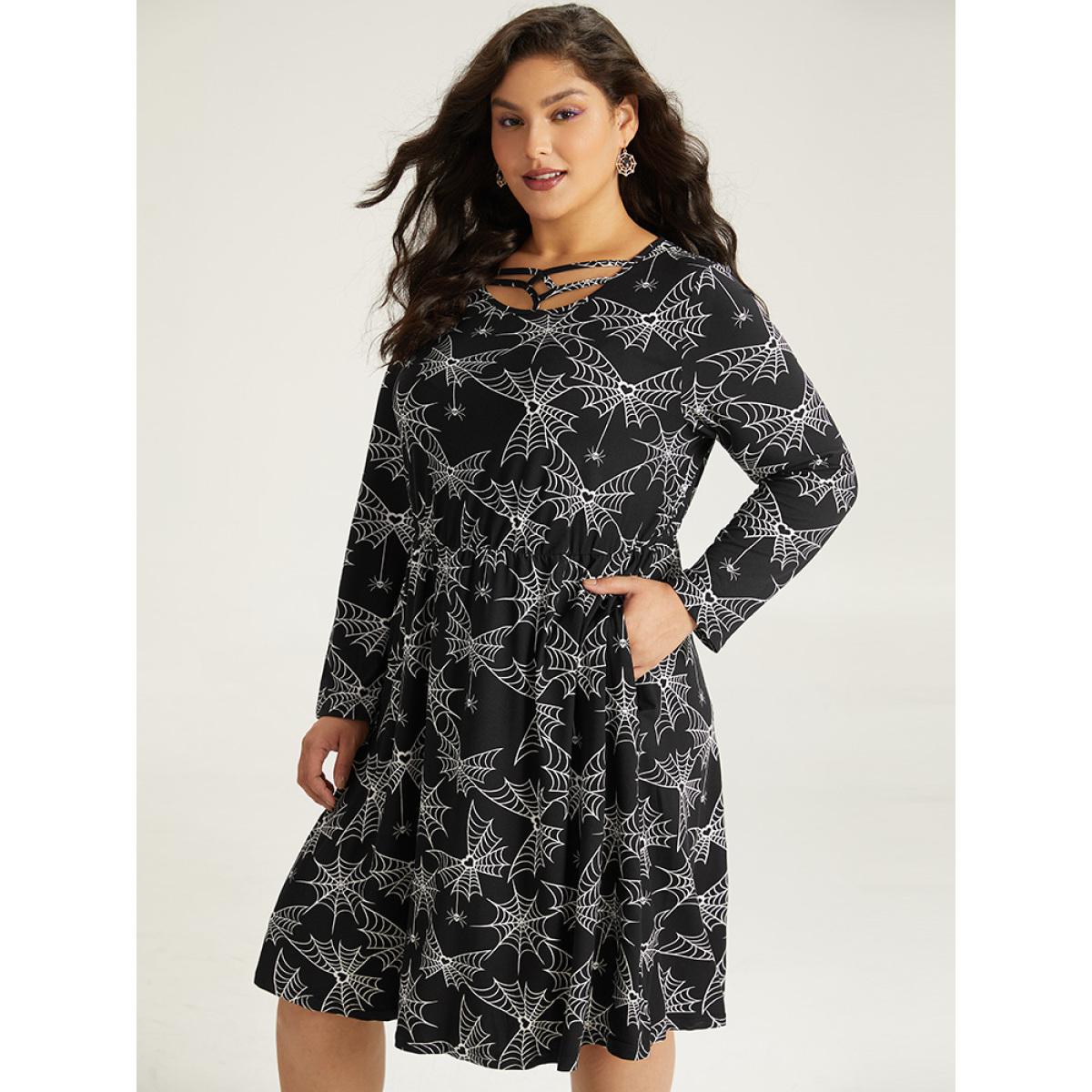 Plus Size Halloween Print Pocket Elastic Waist Crisscross Dress Black Women Casual Printed Round Neck Long Sleeve Curvy Midi Dress BloomChic 30/6X Product Image