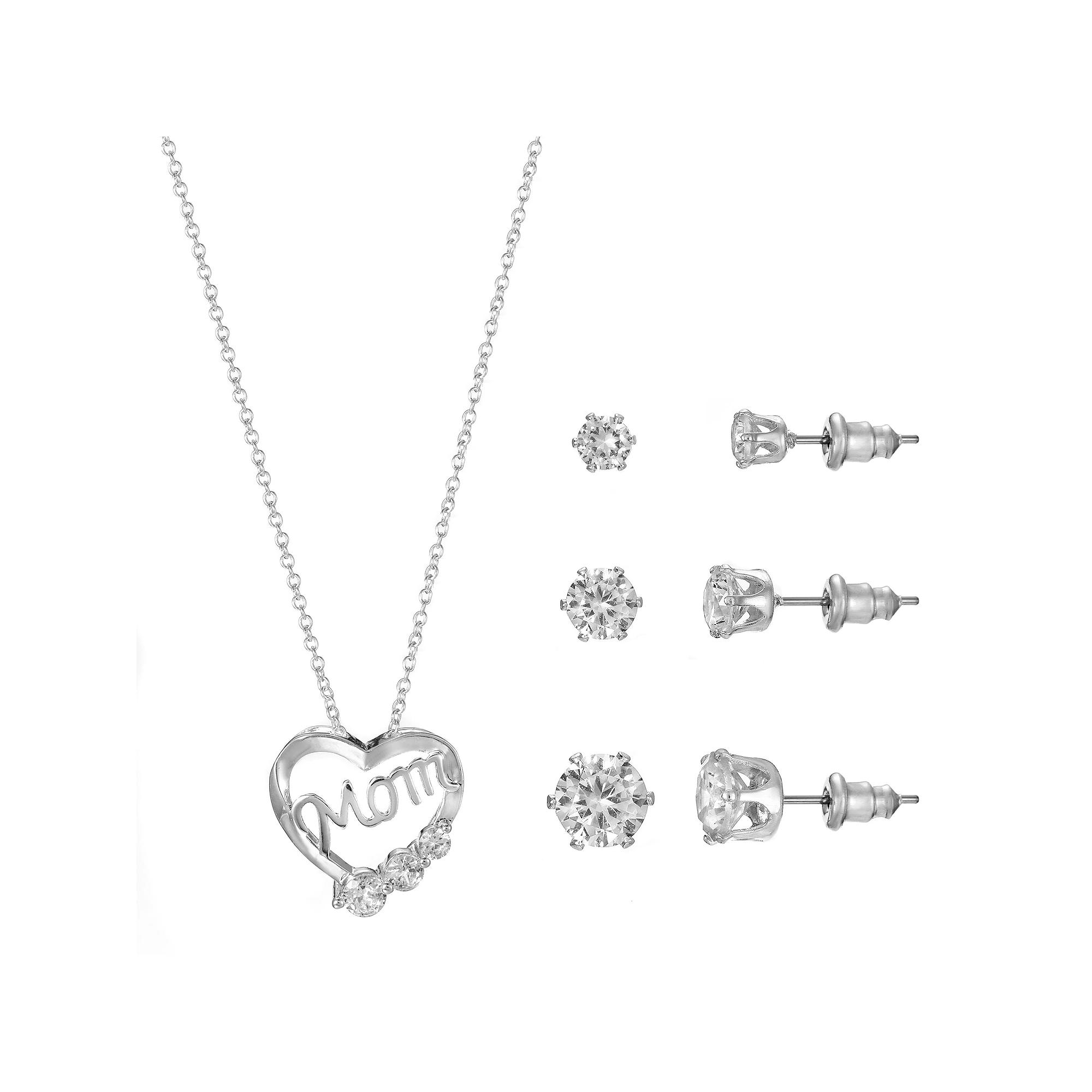 Primavera Silver Plated Cubic Zirconia Mom Heart Pendant & Earring Trio Set, Womens Silver Tone Product Image