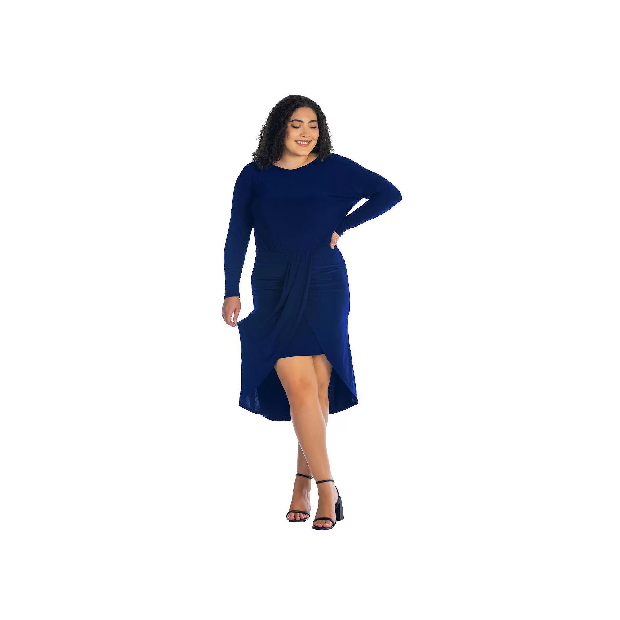 Plus Size 24Seven Comfort Apparel Long Sleeve Tulip Skirt Knee Length Dress, Women's, Size: 3XL, Blue Product Image