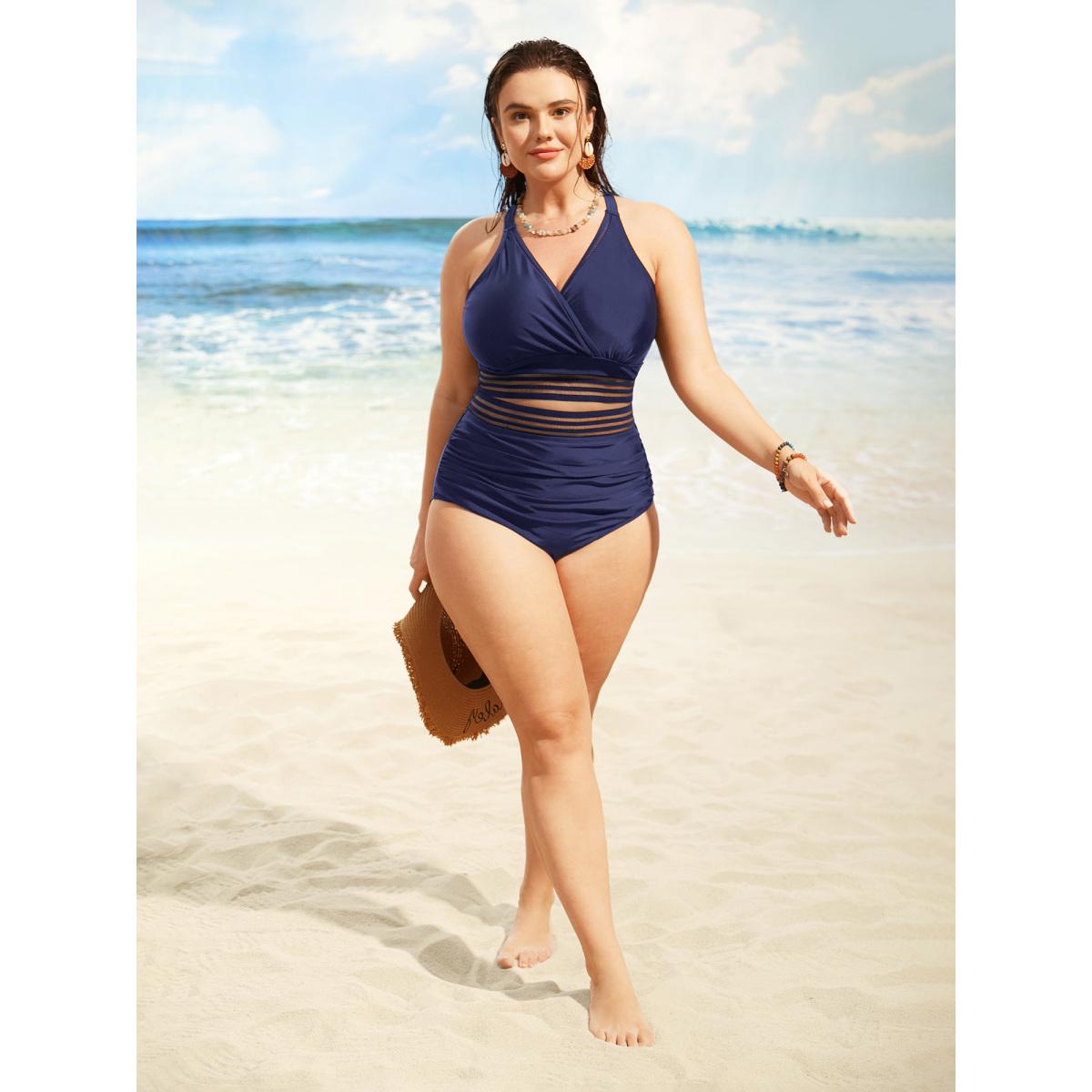 Plus Size Overlap Collar Woven Ribbon Back Crisscross Swim Top Women's Swimwear Indigo Beach Woven ribbon&lace trim High stretch Skinny Overlap Collar Curve Swim Tops BloomChic 22-24/3X Product Image