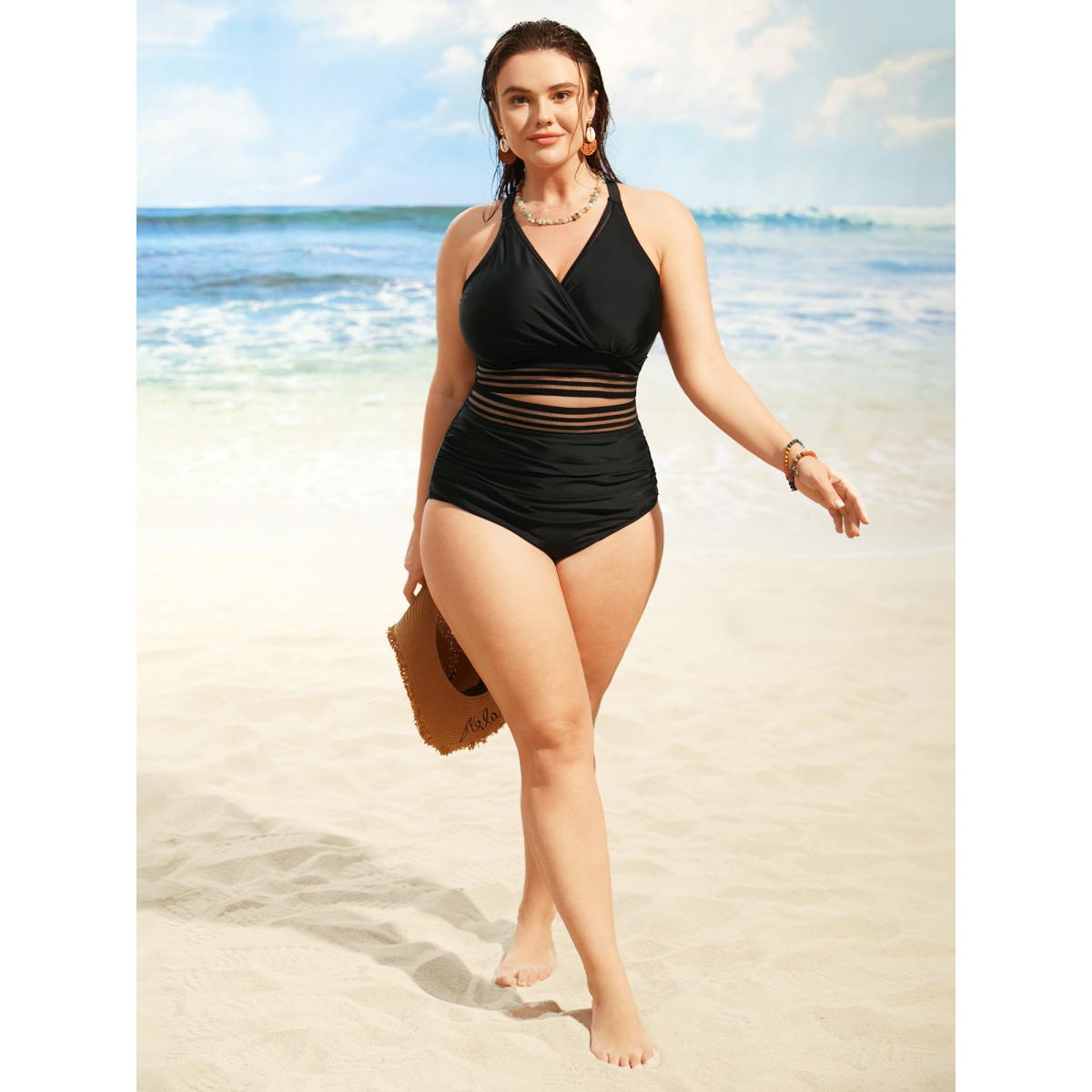 Plus Size Overlap Collar Woven Ribbon Back Crisscross Swim Top Women's Swimwear Black Beach Woven ribbon&lace trim High stretch Skinny Overlap Collar Curve Swim Tops BloomChic 14-16/1X Product Image
