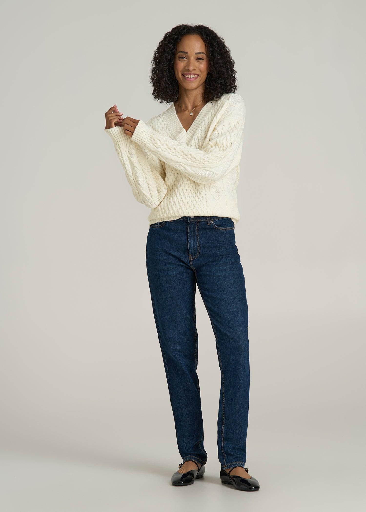 V Neck Cashmere Blend Cable Knit Women's Tall Sweater in Winter White Product Image