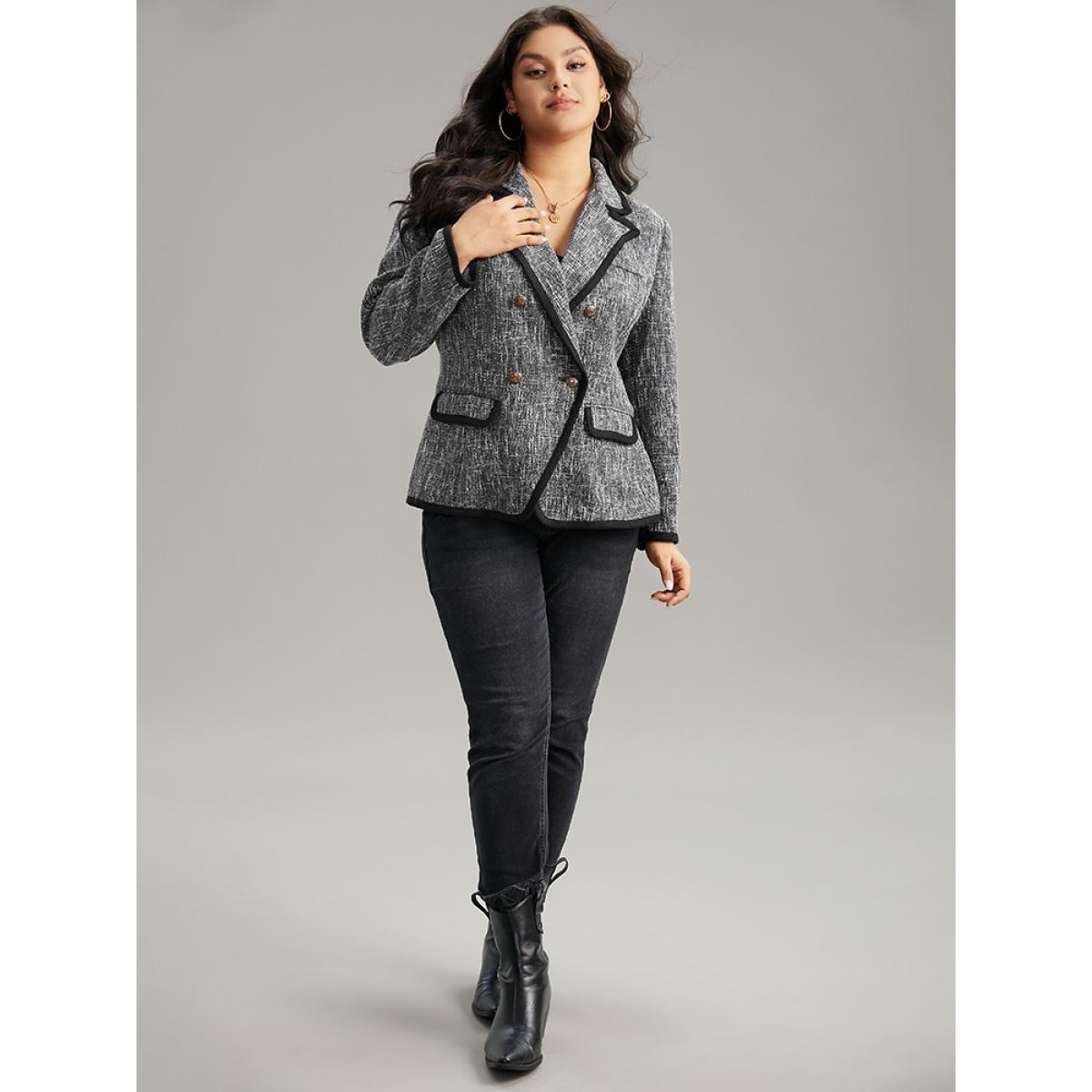 Plus Size Tweed Suit Collar Contrast Trim Blazer DimGray Women Dailywear Plain Contrast Sleeve Long Sleeve Suit Collar 12/L Pocket Casual Blazers BloomChic Product Image