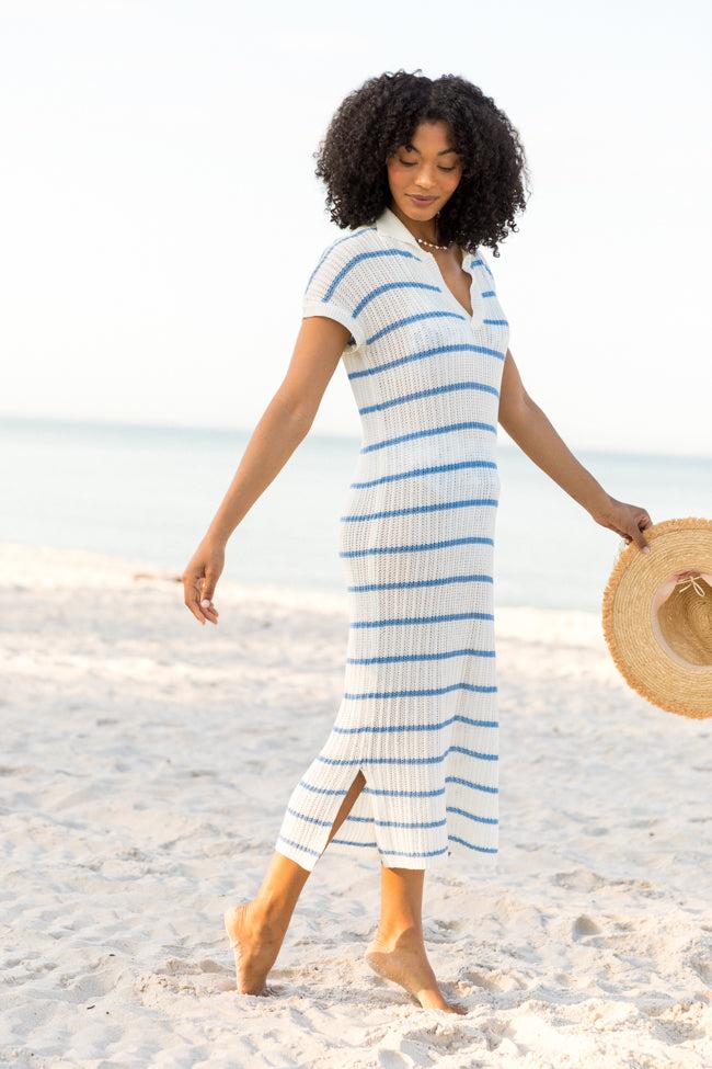 Sunset Sail Blue Striped Knit Coverup Midi Dress FINAL SALE Product Image