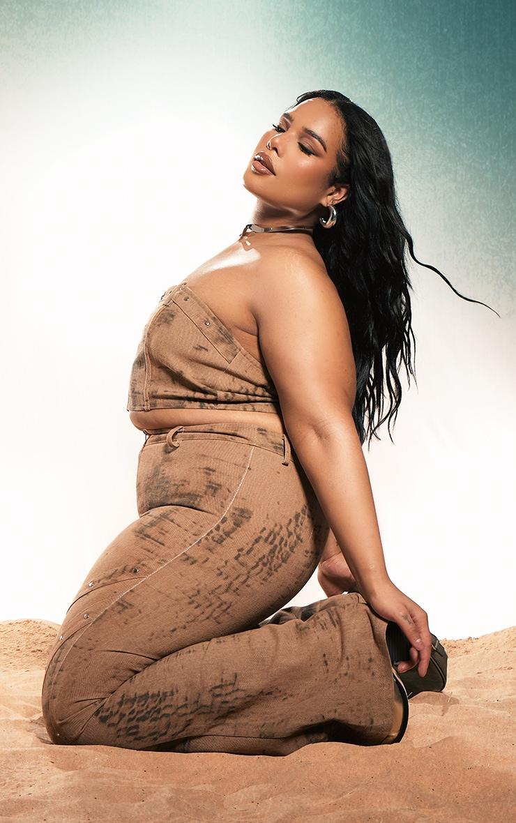 Plus Brown Acid Wash Studded Detail Flare Jeans Product Image